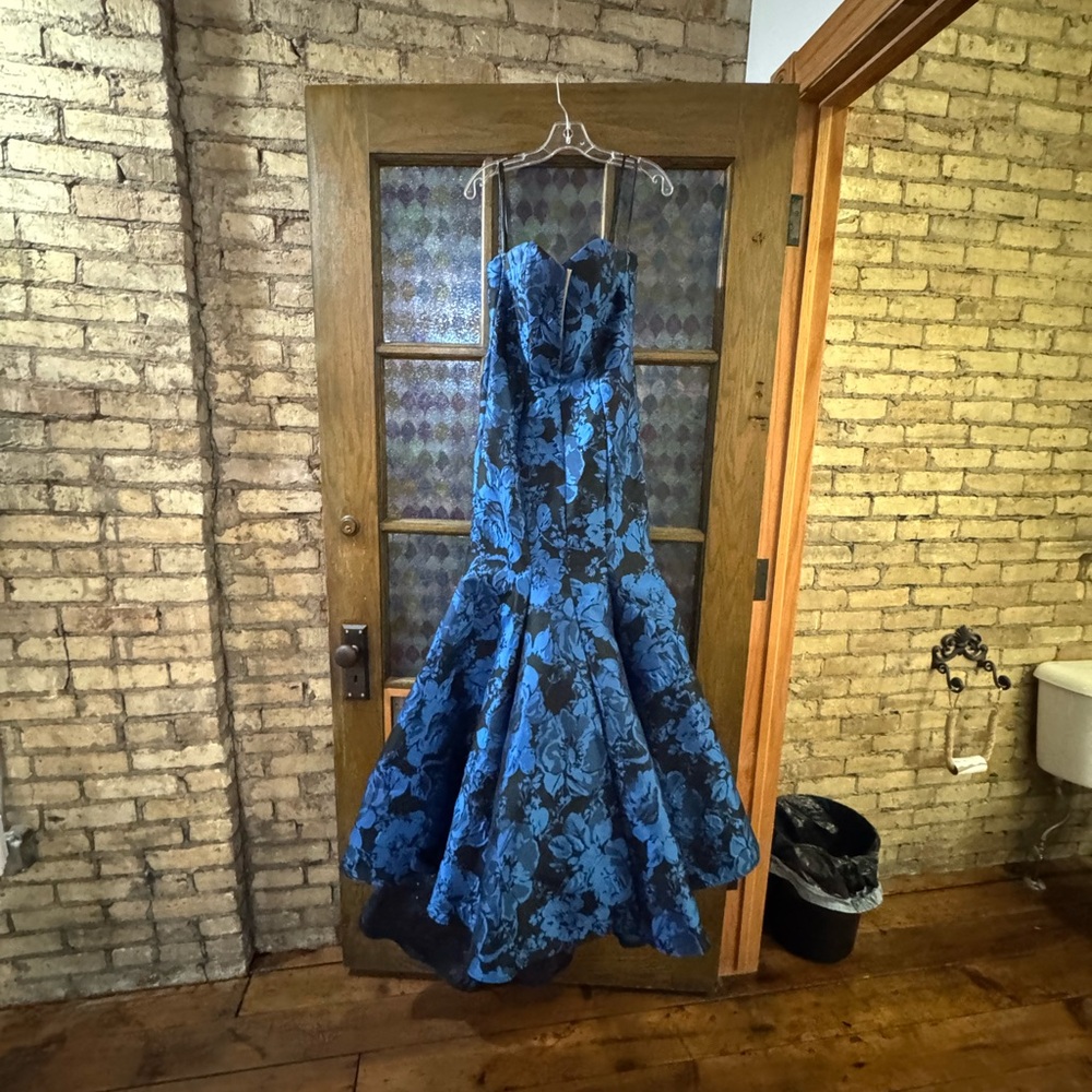 Mori Lee Blue and Black Floral Prom Dress